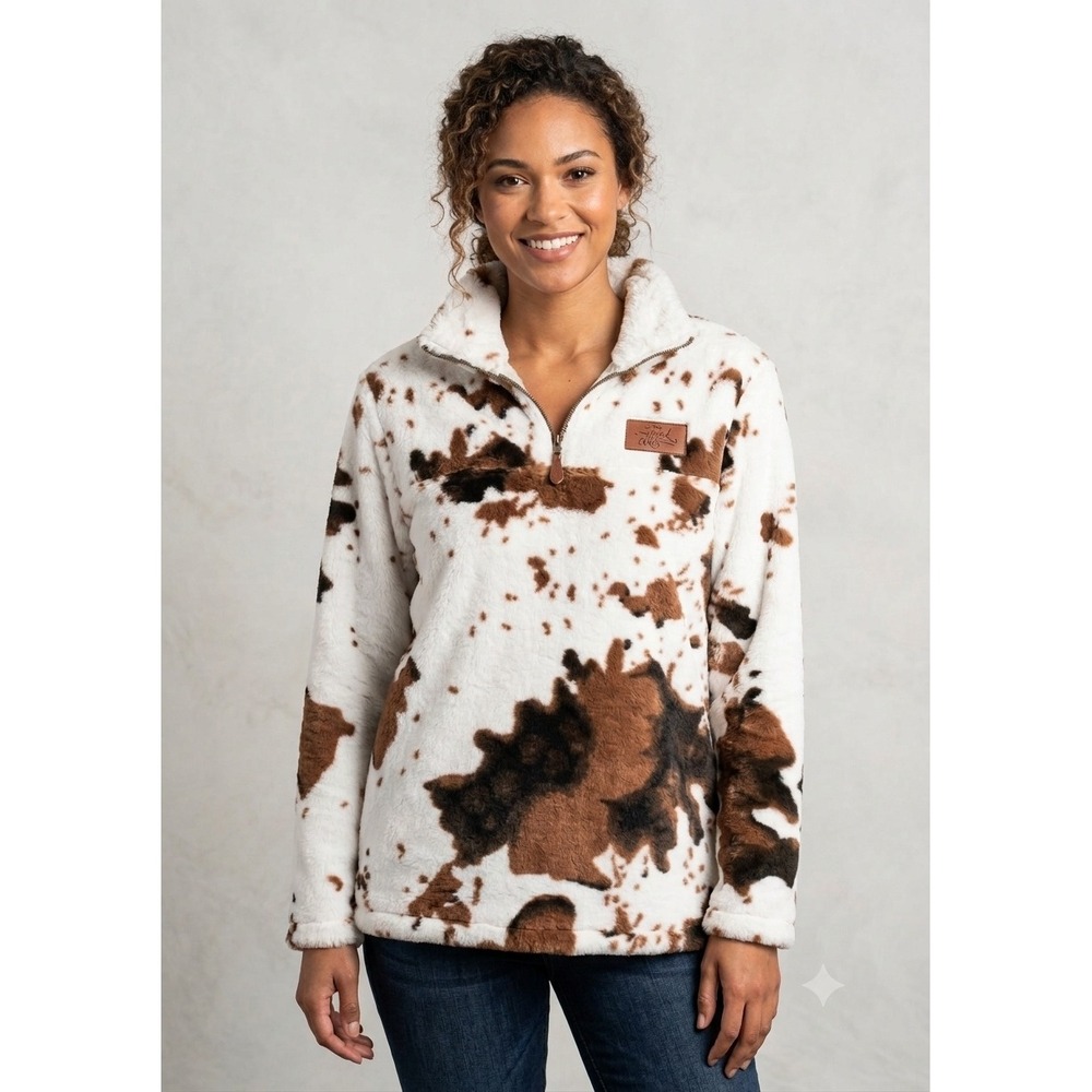 Southern Fried Chics Cow Print Faux Fur Pullover Women Large Brown NWT